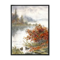 Kilátás a tóra őszi színes keretes festmény vászon művészeti nyomtatás
