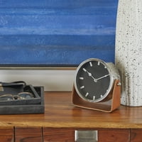 Decmode rozsdamentes acél modern kerek dekoratív asztali óra 7 W 7 H, fémes ezüst és bőrbarna állványtal