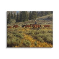 Cowboy vezető szarvasmarha -réti állatok és rovarok festés galéria csomagolt vászon nyomtatott fal művészet