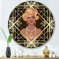 Designart 'Retro Girl in Golden Art Deco Geometria III' Modern Circle Metal Wall Art - 29 lemez