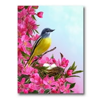 Kis sárga madár a fészek közelében rózsaszín virágokkal festett vászon art nyomtatás