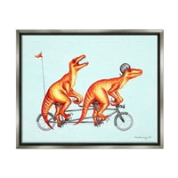 Stupell Industries szeszélyes piros t-re-dinoszauruszok lovaglás tandem kerékpár grafikus művészet csillogó szürke úszó keretes