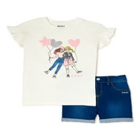 Lányok grafikus mez póló és farmer rövidnadrág, 2 darabos ruhakészlet, méret 4-16