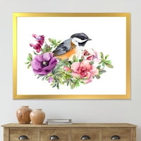 Designart 'Aranyos madár lila és rózsaszín virágokban' hagyományos keretes művészeti nyomtatás