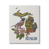 A Stupell Industries részletes Michigan State Robin Bird & Flower Patterns grafikus galéria csomagolt vászon nyomtatott fali