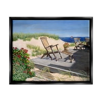 Stupell Industries Relaxing Waterfront Boardwalk Beach székek Nyári jelenet festmény Jet fekete úszó keretes vászon nyomtatott